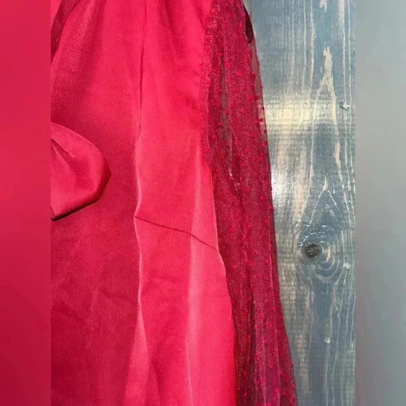 Elegant Red Bow Tie Blouse with Polka Dot Mesh Sleeve Romantic Statement Top A67 - Picture 7 of 8